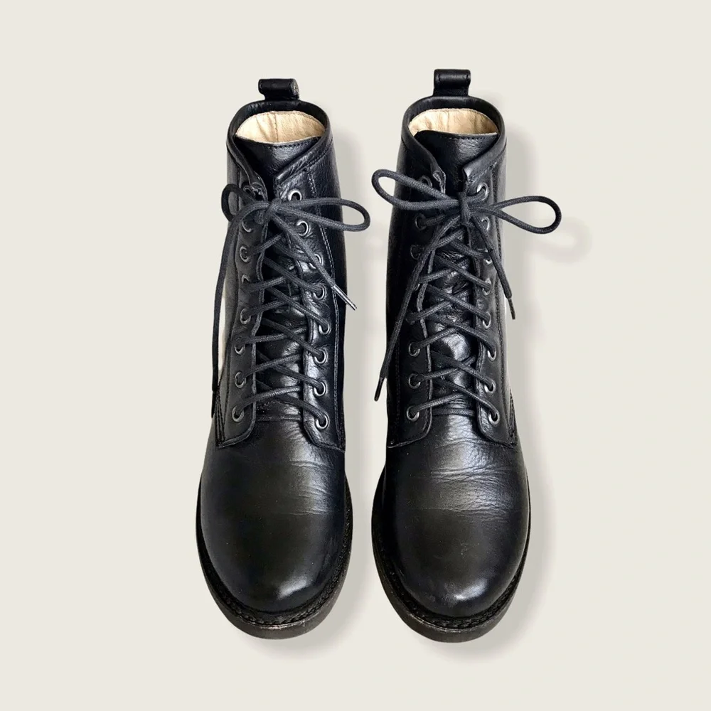 Frye Veronica Combat Black Leather Lace Up Boots - Picture 9 of 16
